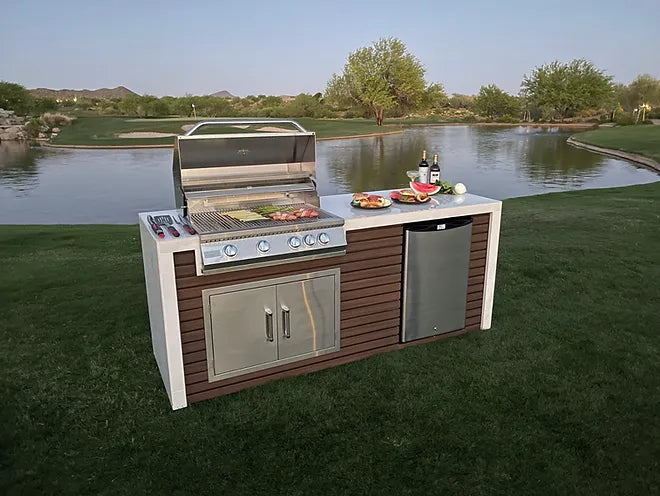 Classic Shiplap Outdoor Kitchen KoKoMo Grill with Waterfall Edge