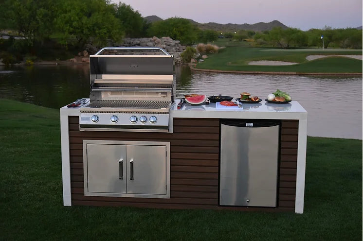 Classic Shiplap Outdoor Kitchen KoKoMo Grill with Waterfall Edge