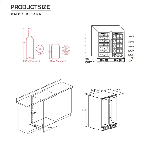 Empava BR03D 24" Dual Zone Wine and Beer Fridge Beverage Cooler